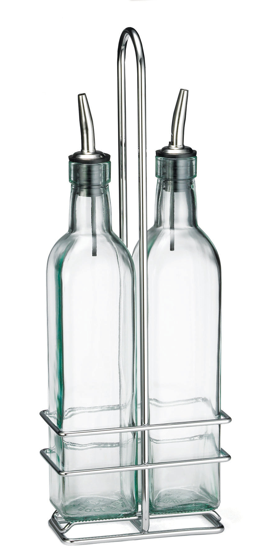 Two clear glass bottles with stainless steel pour spouts sit side by side in a shiny, minimalist wireframe rack with a handle. Designed for oil or vinegar, the bottles are empty, rectangular, and dishwasher safe for easy cleaning.