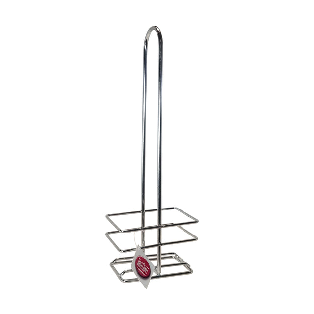 A stainless steel paper towel rack features a vertical rod with a U-shaped handle on top and a rectangular base. Attached to the bottom is a small white tag with a red and white design. The background is plain white.