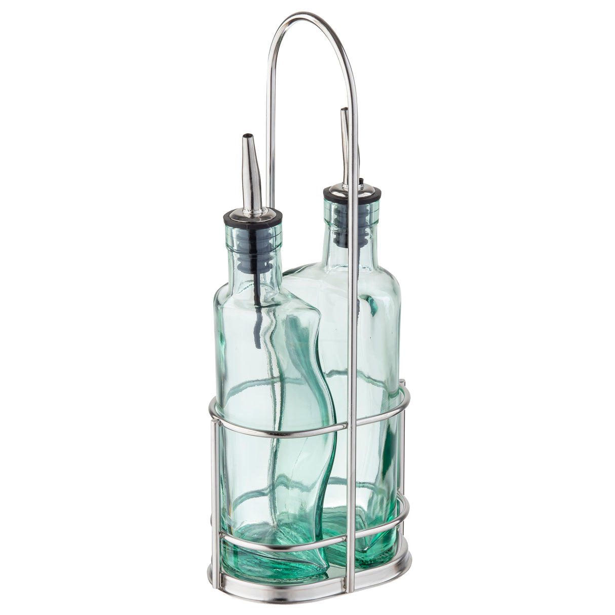 Two green tinted glass bottles with stainless steel pourers are held upright in a silver metal caddy with a handle. Perfect for dispensing oil or vinegar, this Gemelli bottle set keeps your kitchen organized and stylish.