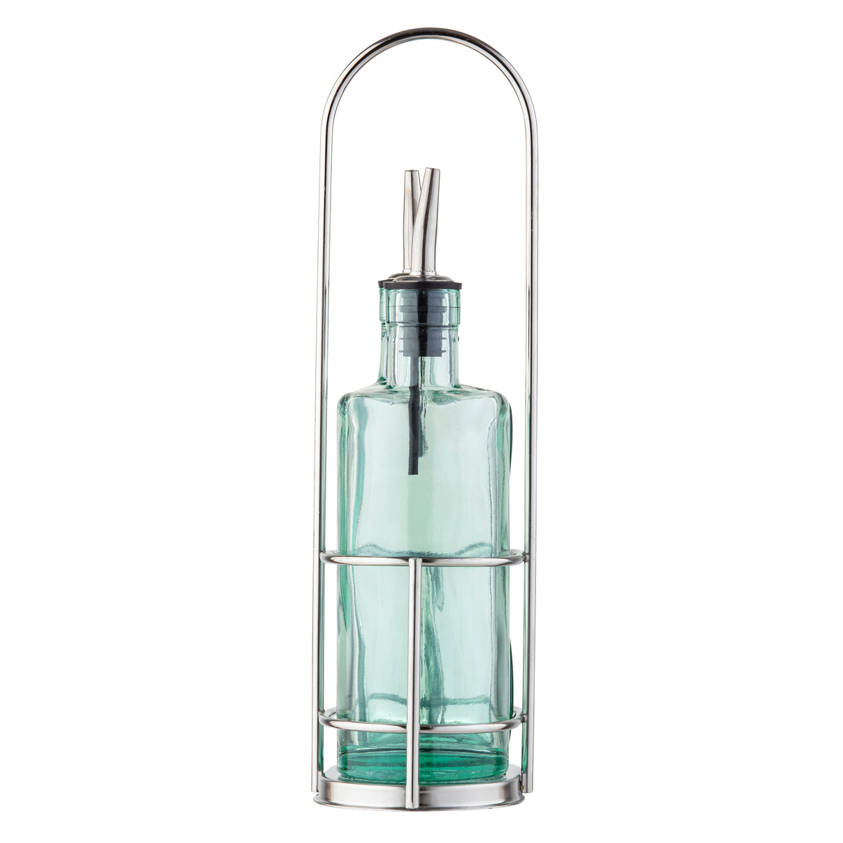 A transparent, light green Gemelli bottle set with stainless steel pourers sits upright in a silver metal holder with a tall, arched handle. The rectangular bottles have soft curves and rest on a white background.