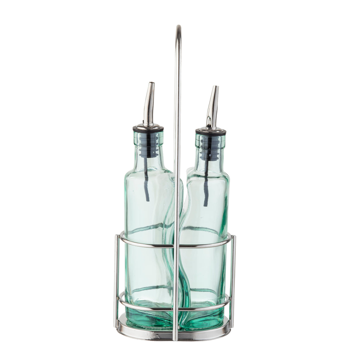 Two green tinted glass bottles with stainless steel pourers sit side by side in a silver metal caddy with a tall handle. The bottles appear empty and are likely intended for olive oil or vinegar. The design is simple and modern.