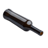 A dark brown, empty wine bottle lies on its side against a white background. The glossy surface reflects light, highlighting its smooth glass—similar to TableCraft Oil & Vinegar Bottles. The 17 oz bottle’s opening is unobstructed.