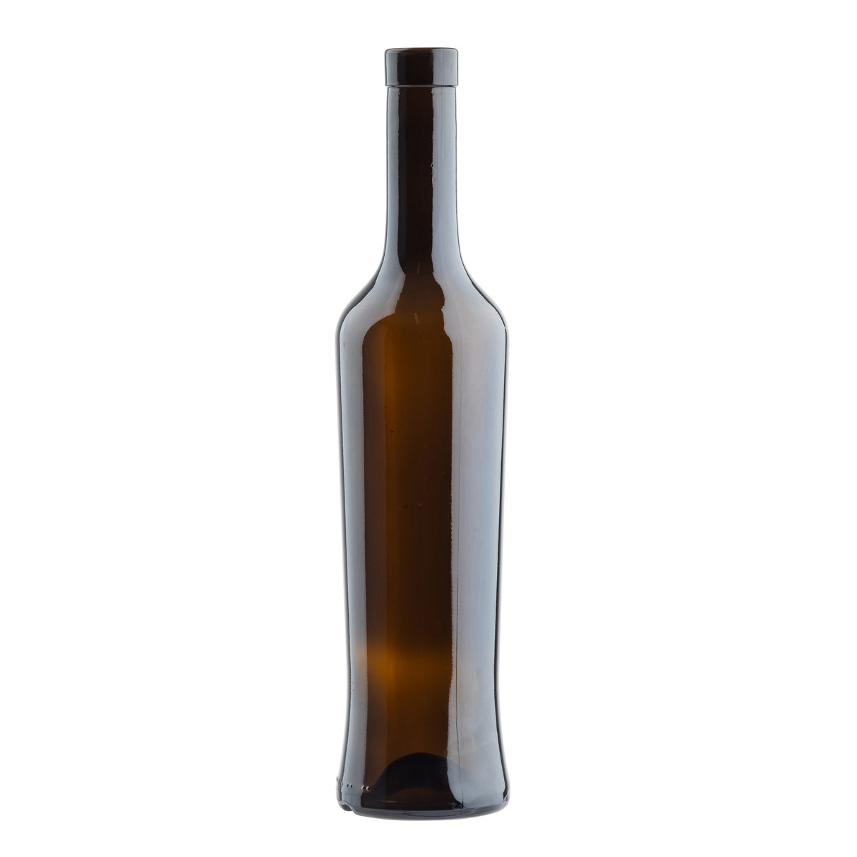A tall, slender, empty brown glass TableCraft Oil & Vinegar Bottle with a narrow neck and a flat top. This 17 oz bottle stands upright against a plain white background and features no label or markings.