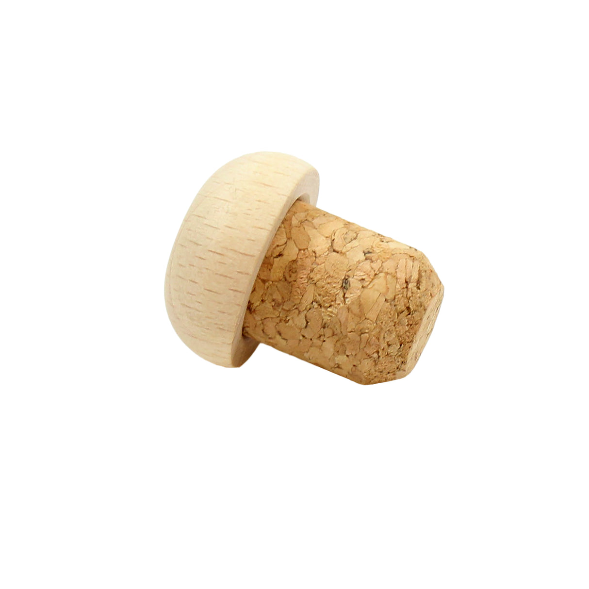 A TableCraft Products Cork Stopper, model H9220, featuring a cylindrical cork body and a smooth, round light wood top. The natural cork texture contrasts with the flat, wide top for a secure grip. Set against a plain white background.
