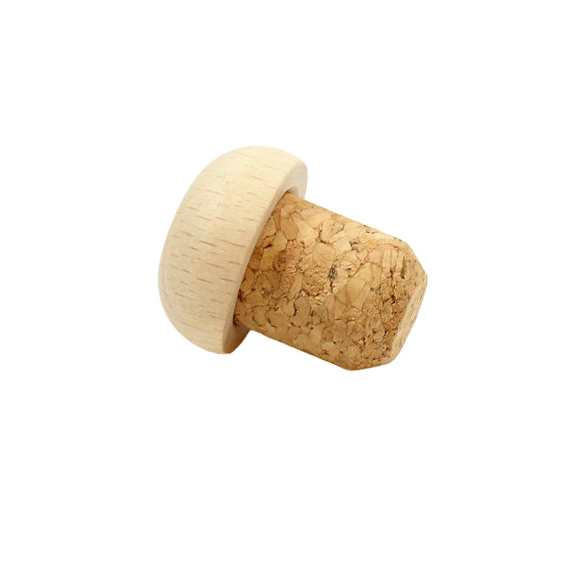 A TableCraft Products Cork Stopper, model H9220, featuring a cylindrical cork body and a smooth, round light wood top. The natural cork texture contrasts with the flat, wide top for a secure grip. Set against a plain white background.