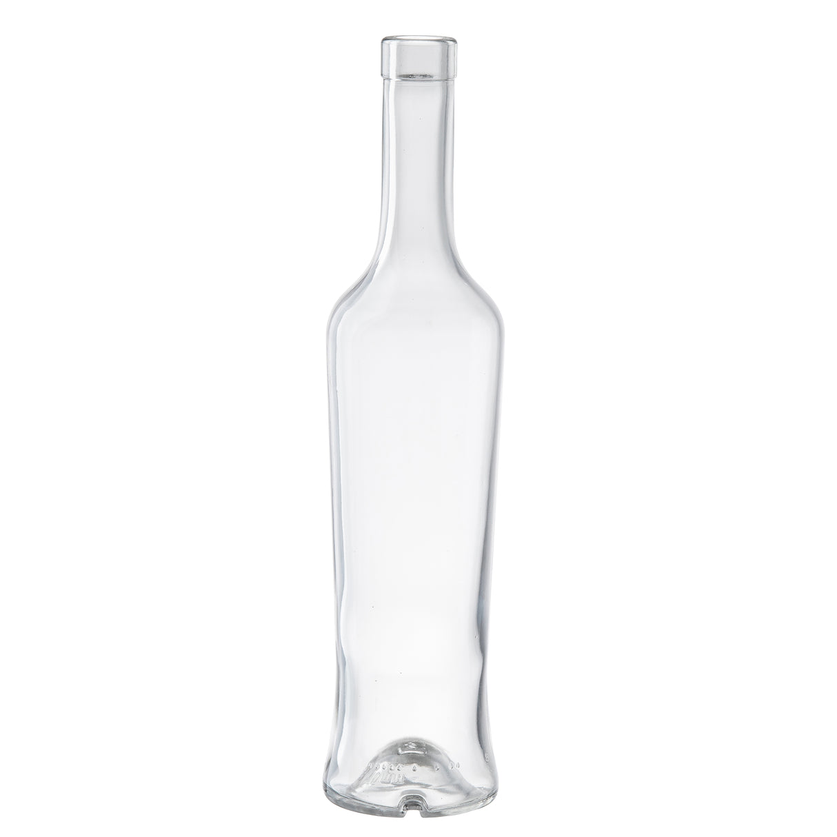 A tall, clear glass oil & vinegar bottle with a narrow neck and no cap. Its smooth, curved sides and slightly indented base make it ideal for tabletop use, while the design is simple and dishwasher safe for easy cleaning.