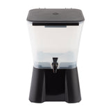A 3 gallon clear plastic beverage dispenser with a black base, lid, and spigot at the front center. The rectangular container has slightly tapered sides, stands upright on a flat surface, and is dishwasher safe. The background is plain white.