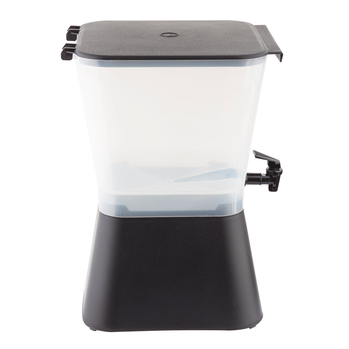 A 3 gallon plastic beverage dispenser with a transparent upper container and black base. It features a black lid on top, a black spigot for easy pouring, and is dishwasher safe. The container is mostly empty.