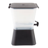 A 3 gallon plastic beverage dispenser with a transparent upper container and black base. It features a black lid on top, a black spigot for easy pouring, and is dishwasher safe. The container is mostly empty.