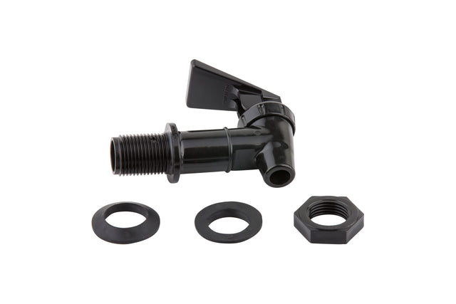 A black plastic Tomlinson Faucet spigot valve with a lever handle is shown lying horizontally. In front are two round washers and a hexagonal nut, all dishwasher safe, displayed against a white background.