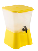 A large, rectangular 3 gallon beverage dispenser with a yellow base and lid, translucent white body, and a black spigot at the front for pouring drinks. The container is empty and shown against a white background.