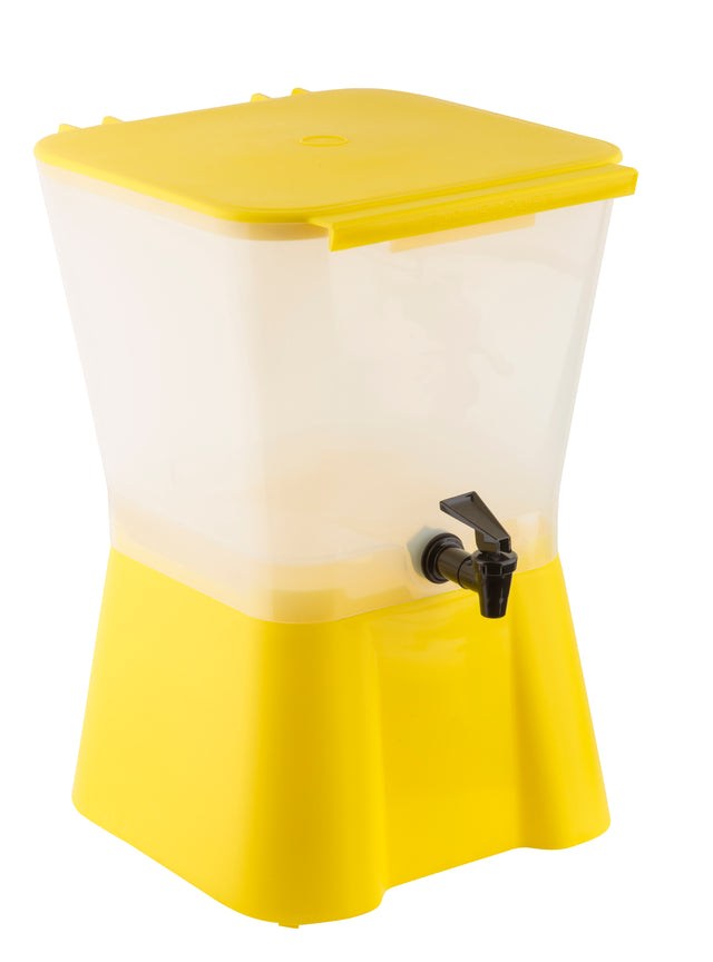A large, rectangular 3 gallon beverage dispenser with a yellow base and lid, translucent white body, and a black spigot at the front for pouring drinks. The container is empty and shown against a white background.