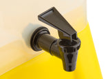 Close-up of a black plastic spigot attached to the side of a translucent 3 gallon beverage dispenser filled with yellow liquid, set against a white background. The spout handle is angled upward, ready to be pushed down to dispense the drink.