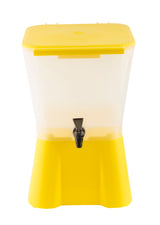 A yellow and translucent 3 gallon beverage dispenser with a rectangular shape, flat yellow lid, and black spigot at the front. The dispenser sits on a matching yellow base and is photographed against a white background. Dishwasher safe for easy cleaning.