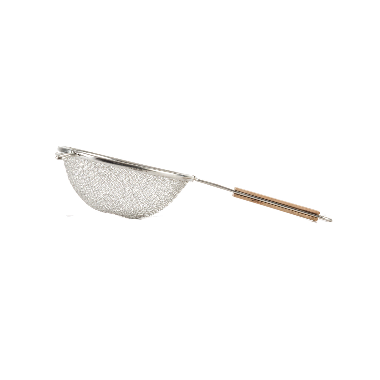 A double medium mesh strainer featuring a fine wire basket and a long wooden handle with two wooden grips, ideal for sifting or straining ingredients. The strainer is displayed against a plain white background.