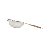A double medium mesh strainer featuring a fine wire basket and a long wooden handle with two wooden grips, ideal for sifting or straining ingredients. The strainer is displayed against a plain white background.