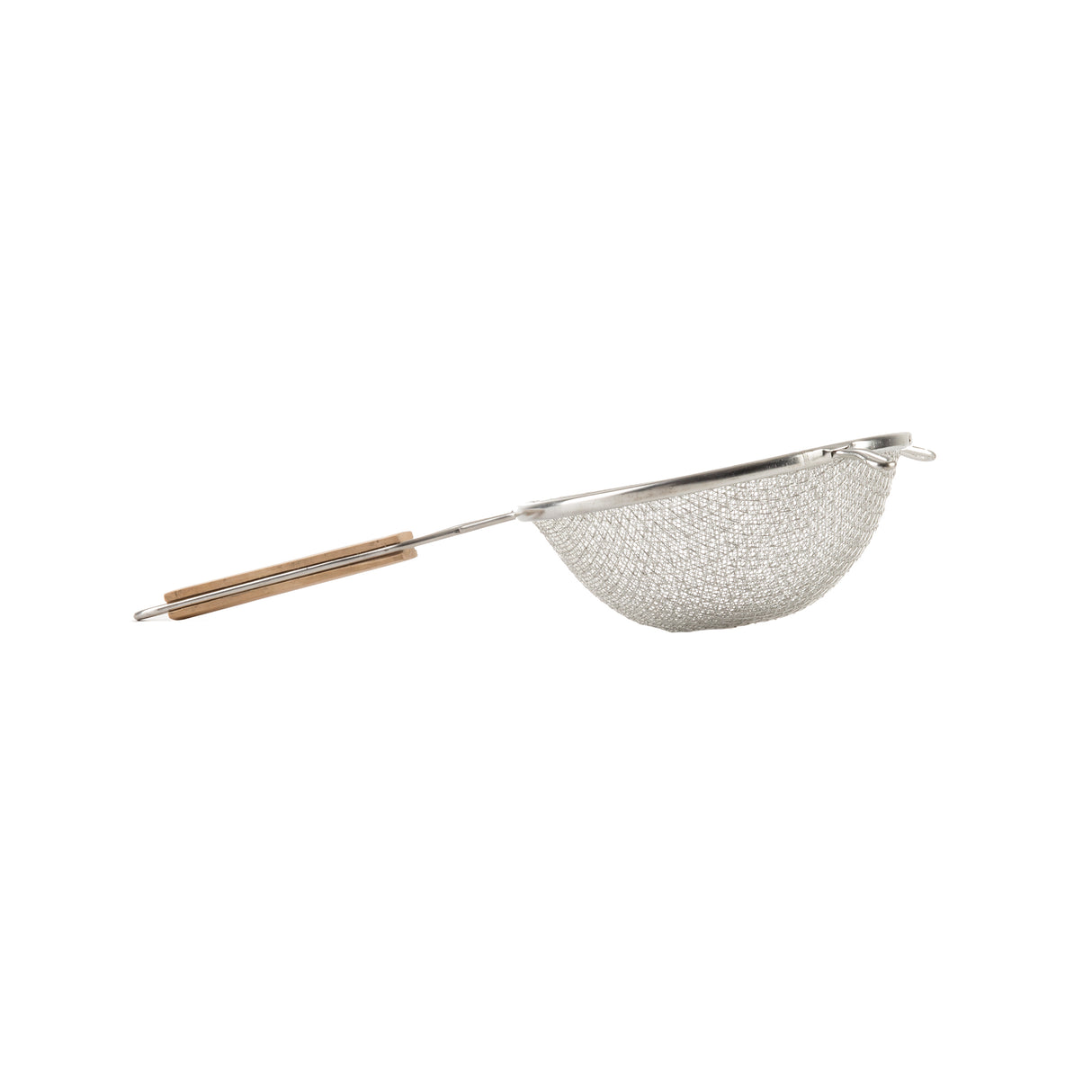 A fine mesh metal strainer with a double medium mesh basket and a long wooden handle, photographed on a plain white background. The strainer is positioned horizontally with the handle extending to the left.
