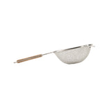 A fine mesh metal strainer with a double medium mesh basket and a long wooden handle, photographed on a plain white background. The strainer is positioned horizontally with the handle extending to the left.