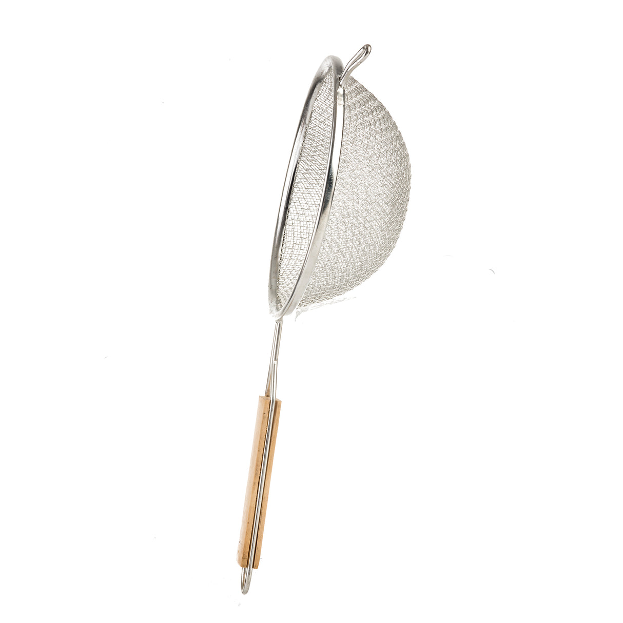 A metal wire strainer with a double medium mesh features a round bowl and a long wooden handle with a metal loop for hanging. The strainer is pictured against a plain white background.