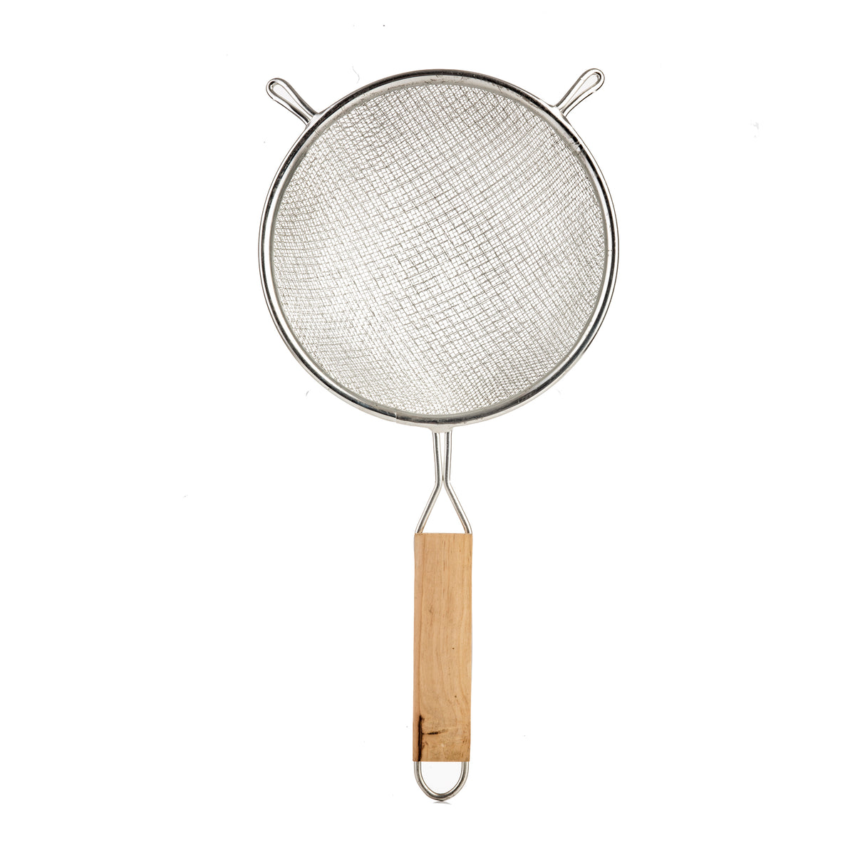 A metal mesh strainer with a double medium mesh, two small side hooks, and a wooden handle. The rectangular handle features a metal loop at the end for hanging. The strainer is photographed on a white background.
