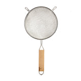 A metal mesh strainer with a double medium mesh, two small side hooks, and a wooden handle. The rectangular handle features a metal loop at the end for hanging. The strainer is photographed on a white background.