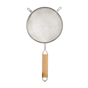 A metal mesh strainer with a double medium mesh, two small side hooks, and a wooden handle. The rectangular handle features a metal loop at the end for hanging. The strainer is photographed on a white background.
