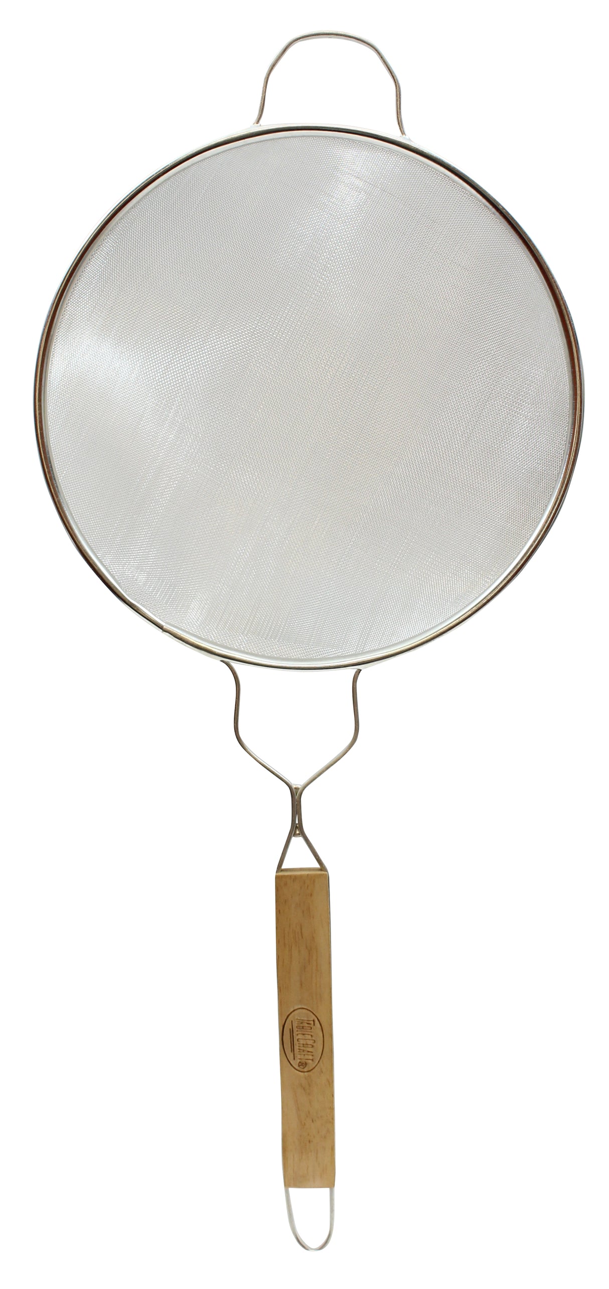 A fine mesh strainer with an oval shape, sturdy wire frame, and a smooth wooden handle. It features a looped wire top for grip and a small metal support at the end for easy hanging.