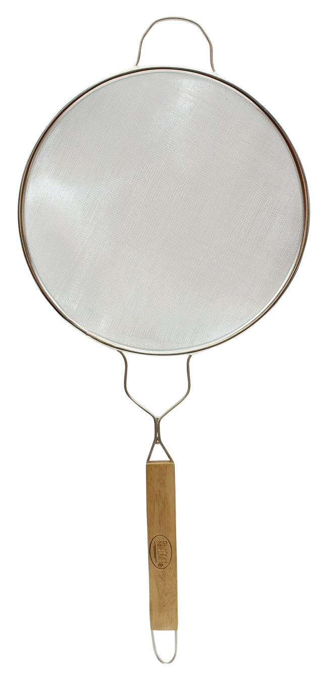 A fine mesh strainer with an oval shape, sturdy wire frame, and a smooth wooden handle. It features a looped wire top for grip and a small metal support at the end for easy hanging.