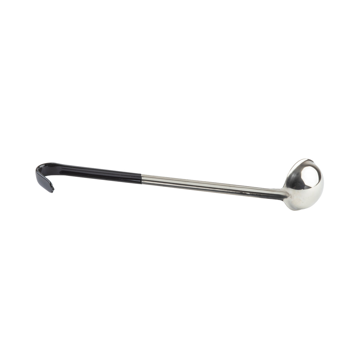 A stainless steel ladle with a long, black vinyl handle and a deep, round bowl. The handle’s hooked end is ideal for hanging. The ladle is positioned horizontally on a plain white background.