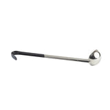 A stainless steel ladle with a long, black vinyl handle and a deep, round bowl. The handle’s hooked end is ideal for hanging. The ladle is positioned horizontally on a plain white background.