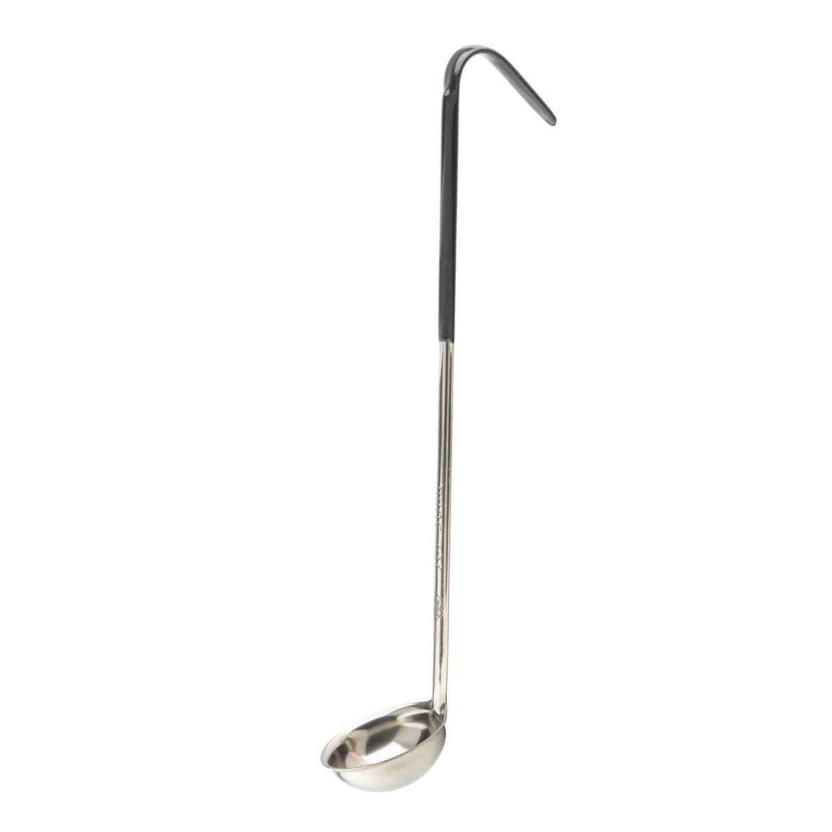 A stainless steel ladle with a deep, round bowl and a long handle. The top bends into a hook, while the upper handle features a black vinyl grip. The ladle is photographed on a white background.