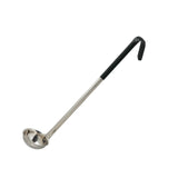 A long-handled stainless steel ladle with a deep, round bowl and a black vinyl handle featuring a hooked end for hanging, shown against a plain white background.