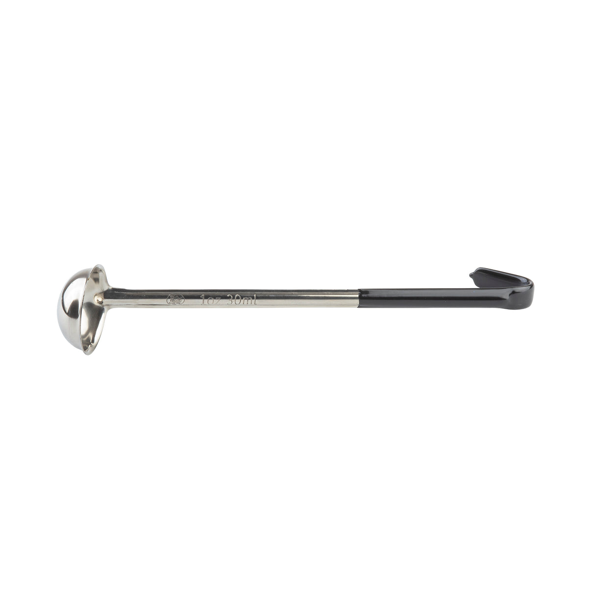 A stainless steel ladle with a deep, round bowl and a long black vinyl handle that ends with a hook for hanging. Shown horizontally against a white background, the bowl sits on the left.