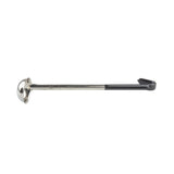 A stainless steel ladle with a deep, round bowl and a long black vinyl handle that ends with a hook for hanging. Shown horizontally against a white background, the bowl sits on the left.