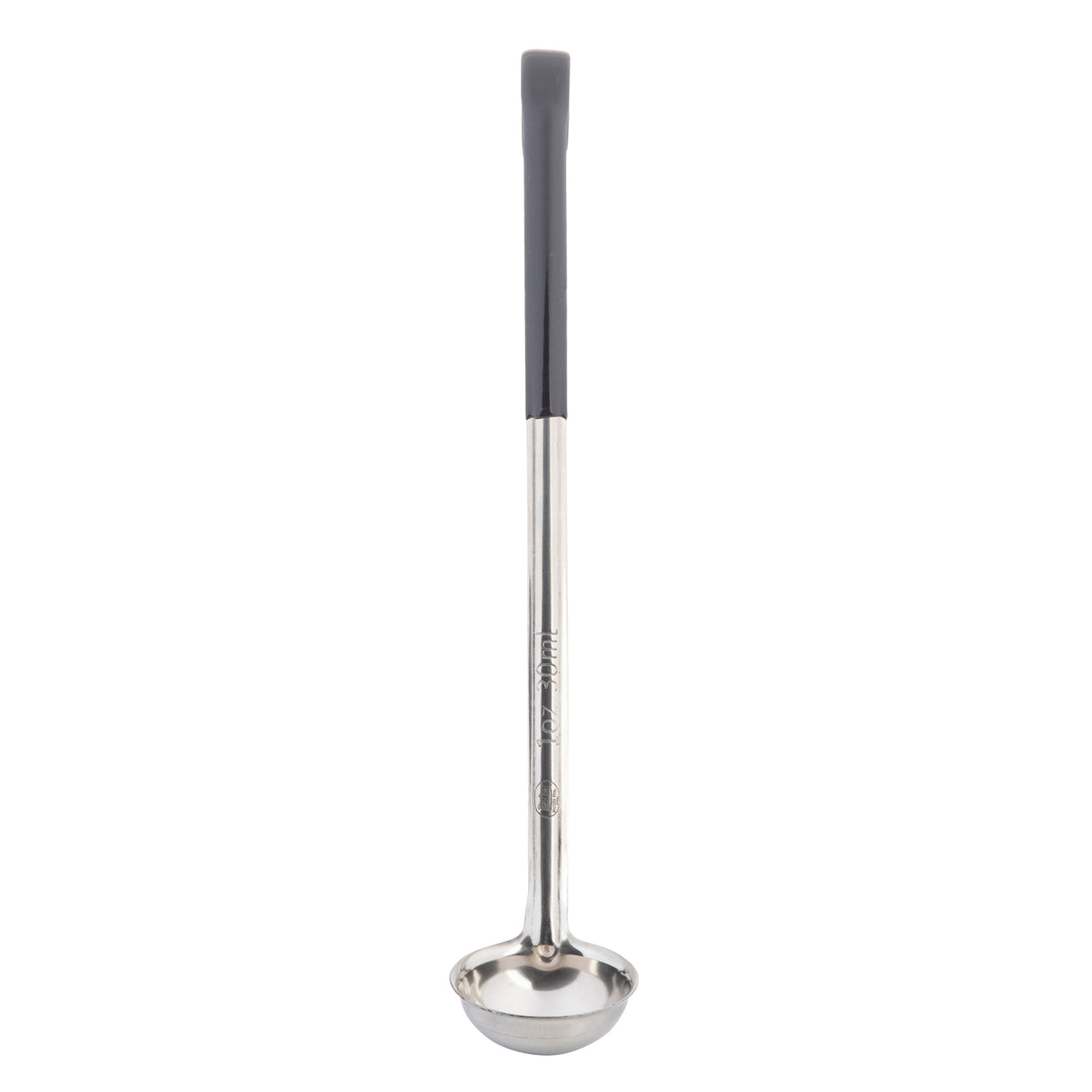 A stainless steel soup ladle with a deep, round bowl and a long handle features a black vinyl handle for a comfortable grip. The ladle is photographed against a plain white background.