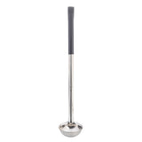 A stainless steel soup ladle with a deep, round bowl and a long handle features a black vinyl handle for a comfortable grip. The ladle is photographed against a plain white background.