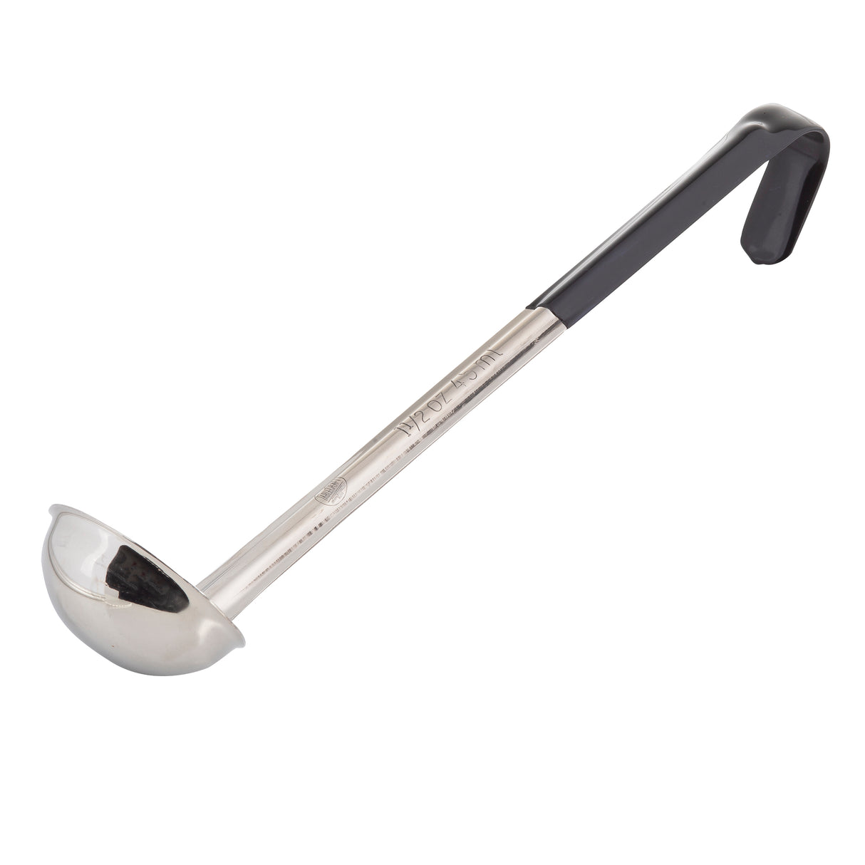 A stainless steel ladle with a deep, round bowl and a long handle. The handle features a black vinyl grip, angled to hook over the edge of a pot or bowl for convenience. The background is plain white.