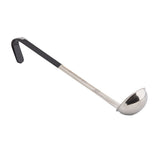 A stainless steel ladle with a round, deep bowl and a long handle. The mostly silver handle features a black vinyl grip at the top, designed for easy hanging or handling. The ladle is positioned on a white background.