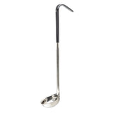 A stainless steel ladle with a deep, round bowl and a long black vinyl handle for grip. The handle's hooked end lets it hang easily on a pot or rack. The ladle stands upright against a plain white background.
