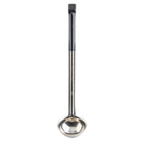 A stainless steel ladle with a round, deep bowl and a long black vinyl handle is shown against a white background. The handle features a small hook at the top for hanging, and the ladle is oriented vertically, bowl facing downward.