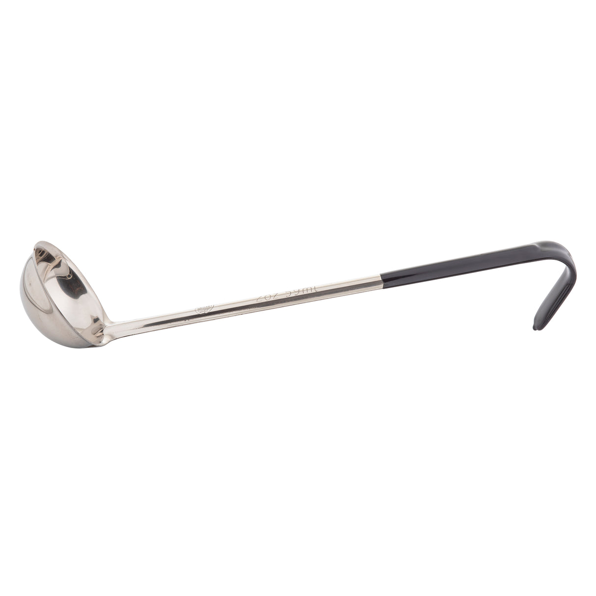 A stainless steel soup ladle with a deep, round bowl and a long black vinyl handle grip. The handle curves upward at the end, forming a hook for easy hanging. The ladle is photographed on a plain white background.