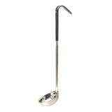 A stainless steel ladle with a deep, rounded bowl and a long handle. The handle features a black vinyl grip at the top for comfortable holding and easy hanging. The ladle is positioned upright against a plain white background.