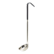 A stainless steel ladle with a deep, rounded bowl and a long handle. The handle features a black vinyl grip at the top for comfortable holding and easy hanging. The ladle is positioned upright against a plain white background.