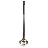 A stainless steel ladle with a deep, round bowl and a long, straight handle featuring a black vinyl handle for grip. The shiny ladle is displayed against a white background.