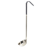 A stainless steel ladle with a deep, round bowl and a long, straight handle featuring a hooked, black vinyl handle at the top, isolated on a white background.