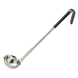 A stainless steel ladle with a deep, round bowl and a long black vinyl handle. The handle features an L-shaped end, perfect for hooking over the edge of a pot. The ladle is clean and set against a white background.