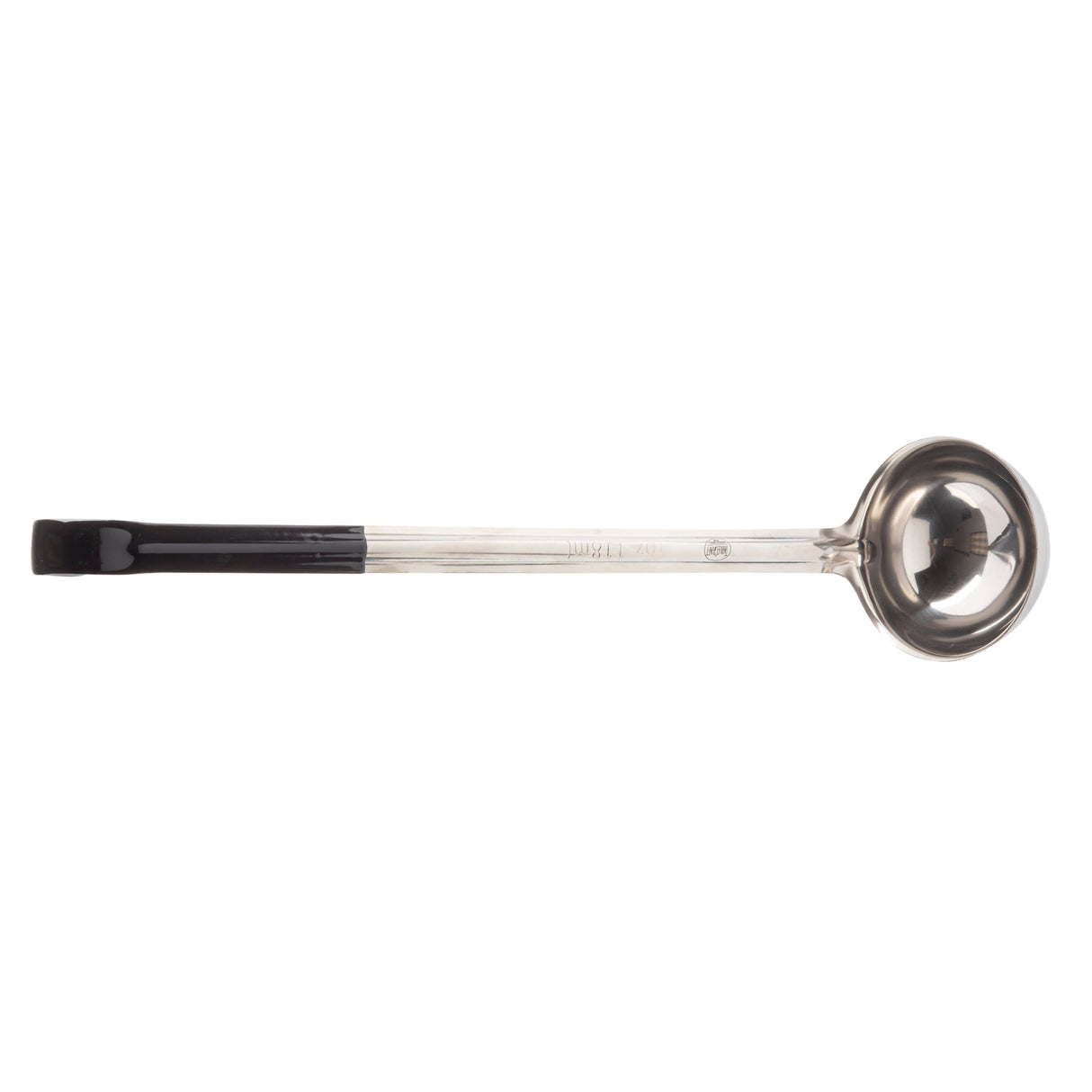 A stainless steel ladle with a deep, round bowl and a long handle. The handle is partially covered with black vinyl for grip, while the rest is bare metal. The ladle is photographed on a white background, positioned horizontally.