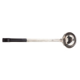 A stainless steel ladle with a deep, round bowl and a long handle. The handle is partially covered with black vinyl for grip, while the rest is bare metal. The ladle is photographed on a white background, positioned horizontally.