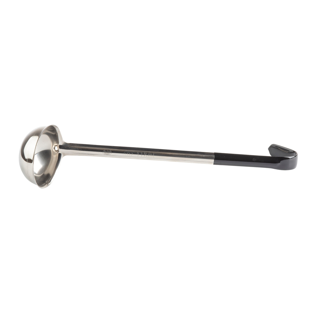 A stainless steel ladle with a deep, round bowl and a long, straight black vinyl handle featuring an angled end and hook for hanging. The ladle is positioned horizontally against a white background.