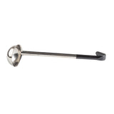 A stainless steel ladle with a deep, round bowl and a long, straight black vinyl handle featuring an angled end and hook for hanging. The ladle is positioned horizontally against a white background.